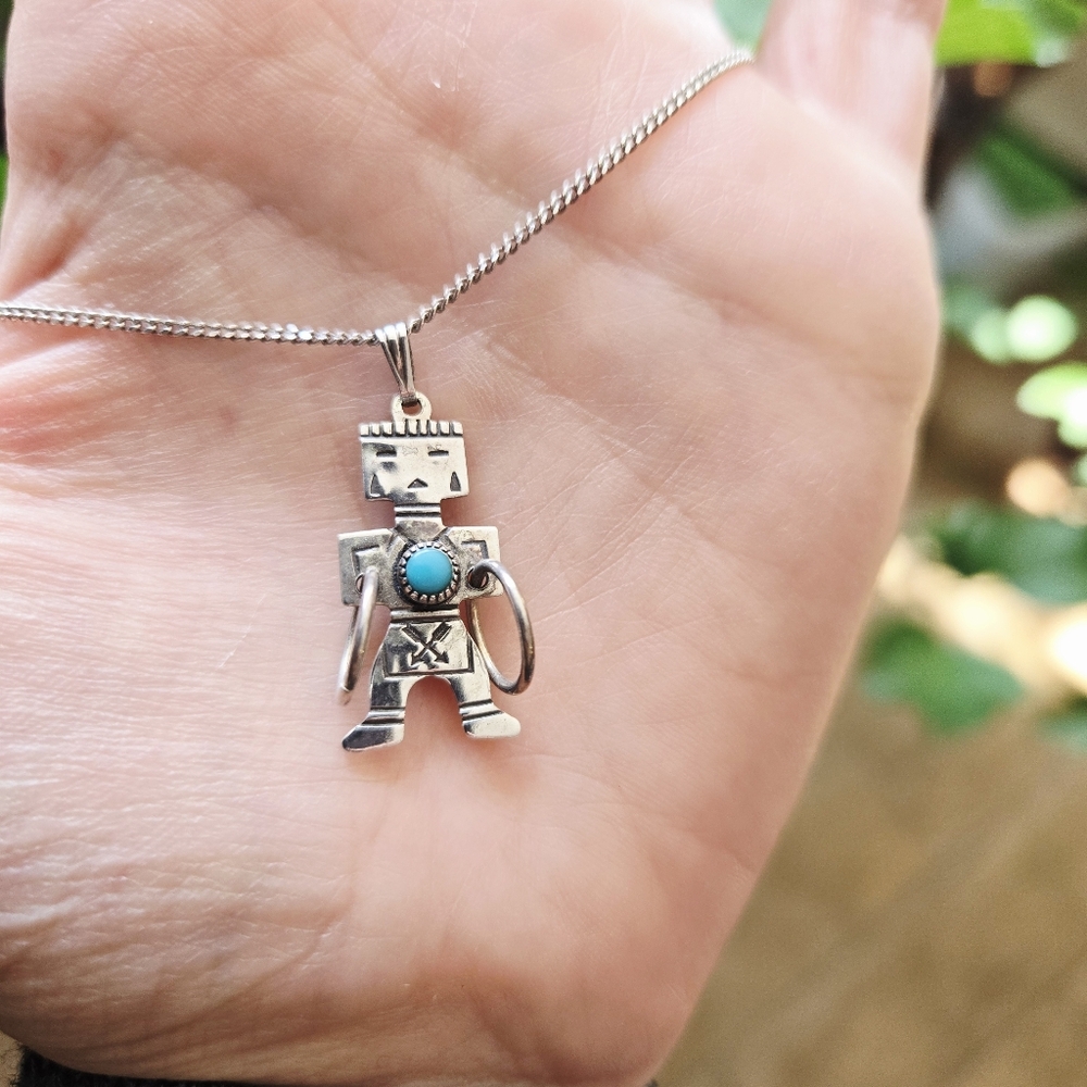 Vintage 925 Sterling Silver Navajo Native American Turquoise Tribal Man Necklace - Picture 6 of 15